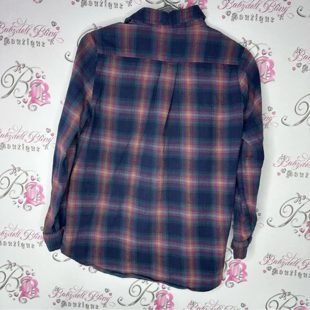 Brandy Melville button up plaid shirt purple blue pink buttons cute western